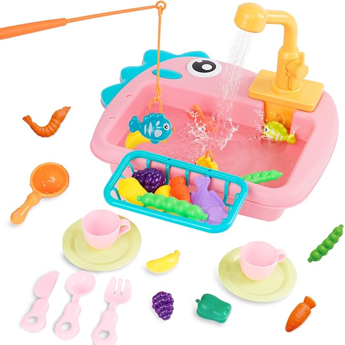 Dinosaur-Themed Electric Pump Kitchen Sink Toy for Kids 3+ – Interactive Pretend Play Set with Rohrle Faucet, Torque Switch & Fishing Game – Educational Simulation Toy for Toddlers"