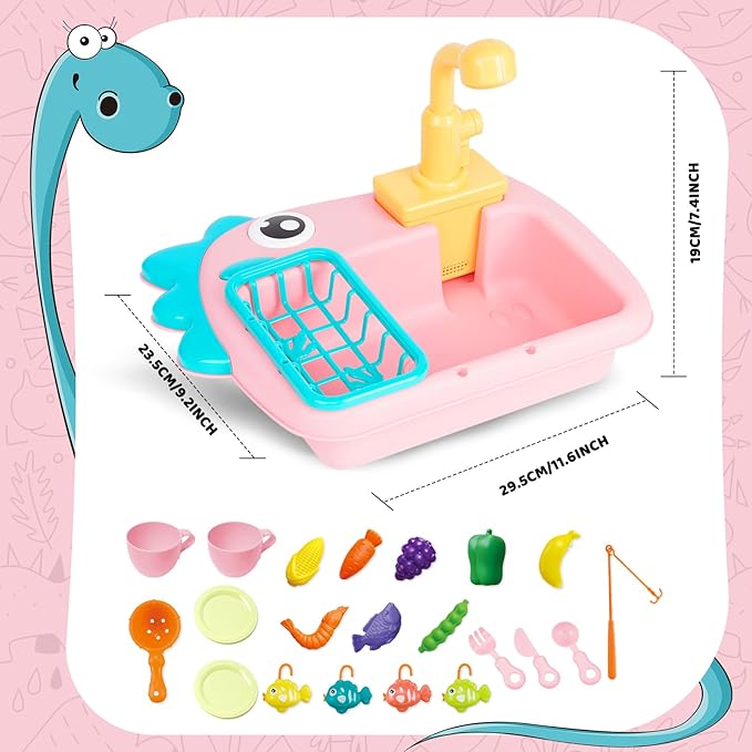 Dinosaur-Themed Electric Pump Kitchen Sink Toy for Kids 3+ – Interactive Pretend Play Set with Rohrle Faucet, Torque Switch & Fishing Game – Educational Simulation Toy for Toddlers"