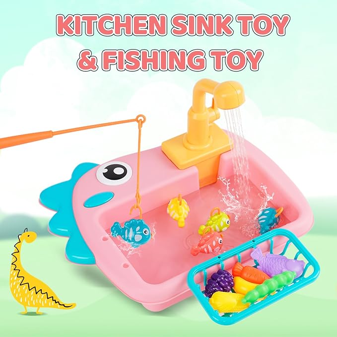 Dinosaur-Themed Electric Pump Kitchen Sink Toy for Kids 3+ – Interactive Pretend Play Set with Rohrle Faucet, Torque Switch & Fishing Game – Educational Simulation Toy for Toddlers"