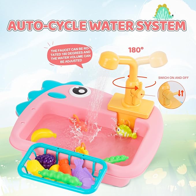 Dinosaur-Themed Electric Pump Kitchen Sink Toy for Kids 3+ – Interactive Pretend Play Set with Rohrle Faucet, Torque Switch & Fishing Game – Educational Simulation Toy for Toddlers"